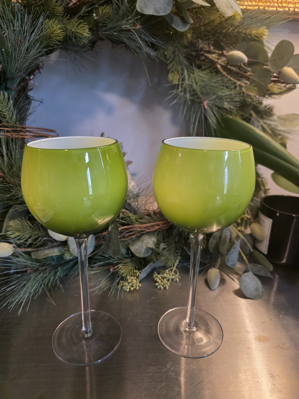 Set of Two Lime Green Stemmed Wine Glasses